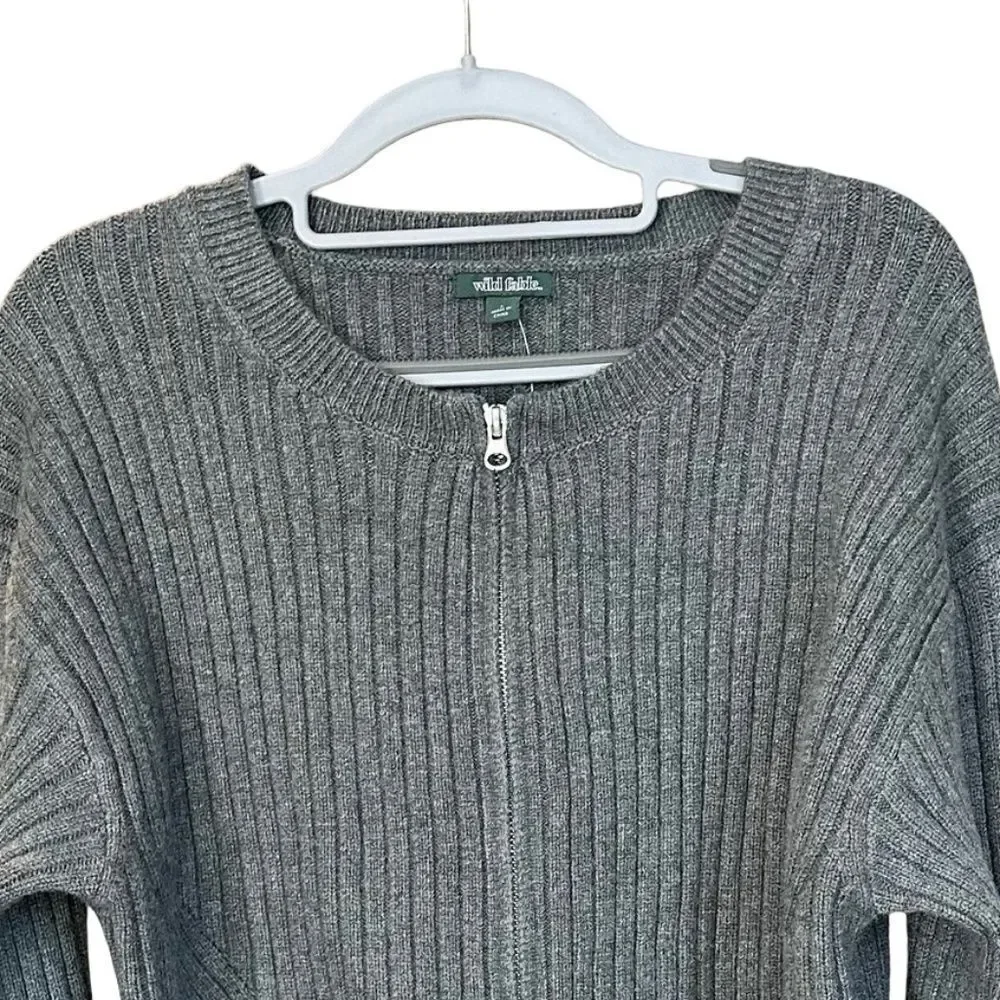 NWT Wild Fable Front Zip Long Sleeve Gray Ribbed Sweater Size Large